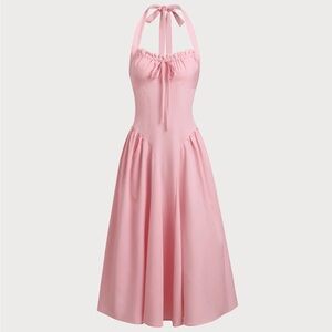 Rihoas Pink Ruched Halter Midi Dress